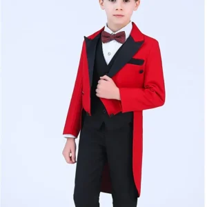 Tailcoat Suits - Red Tailcoat Boy's Formal Suit: Handsome Kid Attire for Weddings, Birthdays, Prom